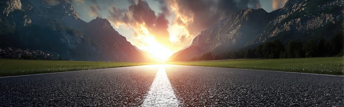Asphalt road leading into a sunrise over mountains