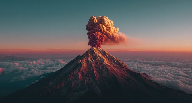 Volcanic eruption at sunset over a mountain peak