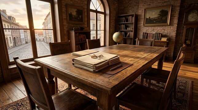 Vintage library room with old documents on a wooden table at sunset