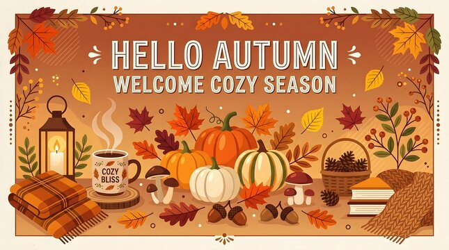 Fall Poster Featuring Pumpkins Lantern Coffee and Autumn Leaves