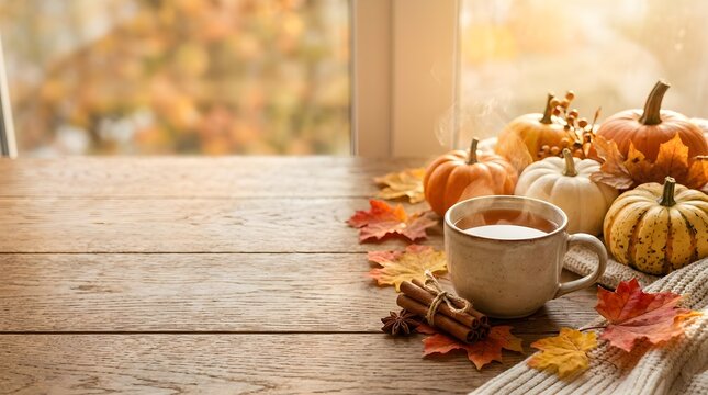 Warm Fall Still Life with Hot Drink Pumpkins and Autumn Leaves