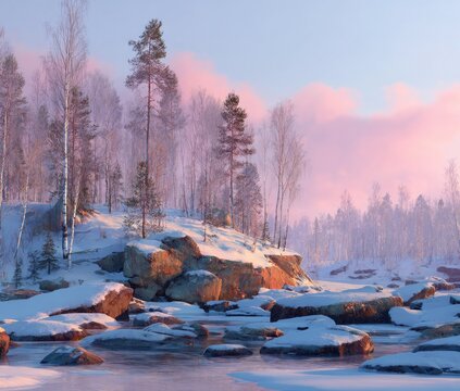 Snowy winter landscape, dawn.  Pink-hued sunrise over icy river, rocks, and trees