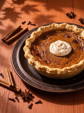 Freshly Baked Pumpkin Pie surrounded by Cinnamon Sticks and Star Anise Spices