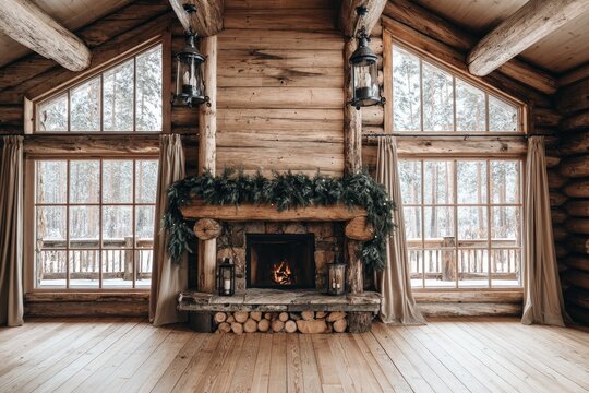 Rustic log cabin interior with fireplace
