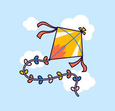Colorful kite flying among fluffy clouds with a long ribbon tail. Perfect for childhood, outdoor fun, spring, festival, and playful decoration designs vector illustration cartoon style