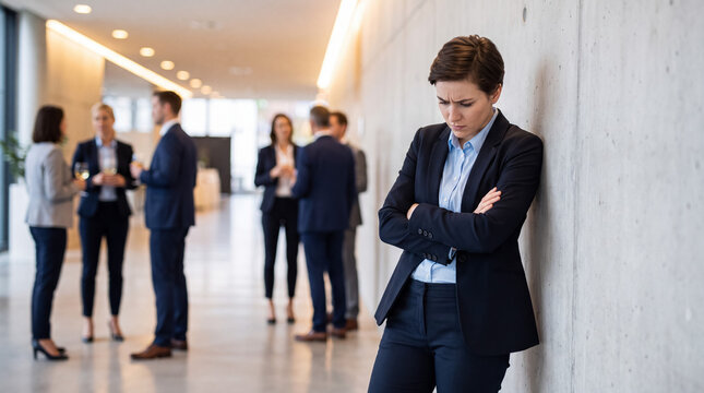 Businesswoman feeling isolated and excluded, standing alone with arms crossed while others network in the blurred background
