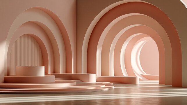 Modern interior with curved architecture in soft pink tones