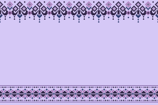 Elegant pixel border frame featuring symmetrical floral and geometric ornaments in soft lavender, purple, and blue tones. Decorative seamless textile design with a wide blank center, ideal for invitat