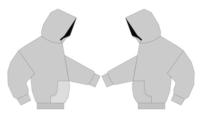 Angled Hoodie Mockup Front and Back Three Quarter View Technical Vector CAD Flat Sketch Blank Fleece Pullover Streetwear Apparel Tech Pack Design Template Line Art Outline Fashion Garment © sigraphics.co