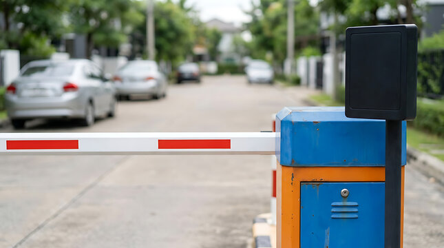 Automatic parking gate barrier with control sensor system at suburban entrance