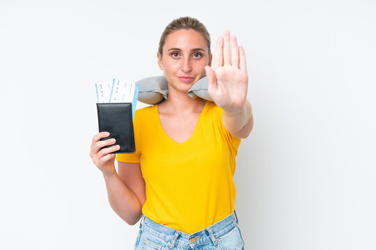Woman with Inflatable Travel Pillow making stop gesture