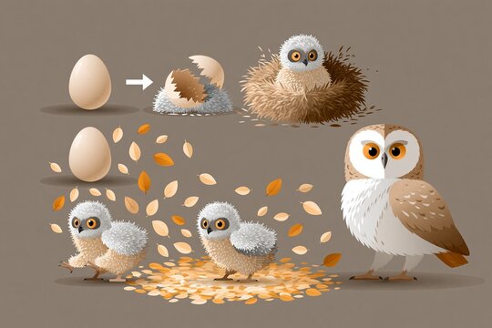 Birds hatch from eggs and grow in a nest showing the stages of development and care from adult birds