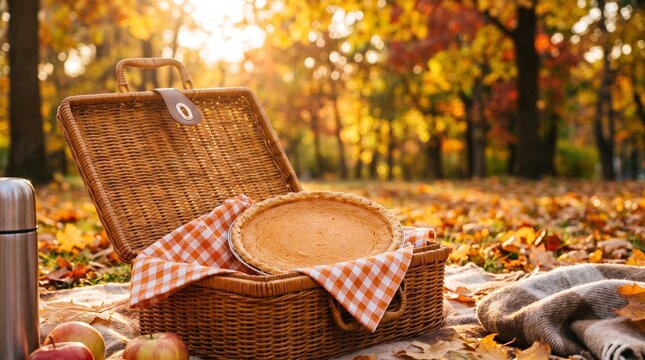Whole Pumpkin Pie in Woven Picnic Basket Outdoor Autumn Park Setting