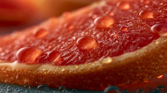 Water droplets rest on a slice of juicy orange, highlighting its texture and freshness during a bright afternoon