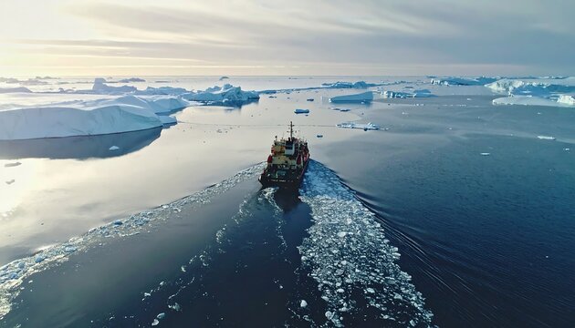 Icebreaker ship navigating through frozen arctic waters with towering icebergs during a serene golden hour light mood