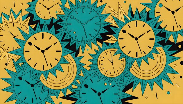 Stylish mid-century starburst clock pattern background in mustard and teal duotone, ideal for modern home decor wallpaper, textile print, pillow cover, and art canvas.
