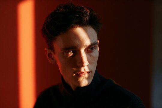 Portrait of a young man with light shadows on his face in a room with warm colors