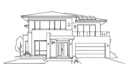Fototapeta premium Modern Two-Story House Exterior Line Art Illustration