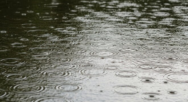 Still water surface reflecting the sky, pocked with raindrops creating circular ripples