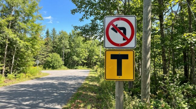 No Left Turn And T Junction Road Sign In Forest Roadside