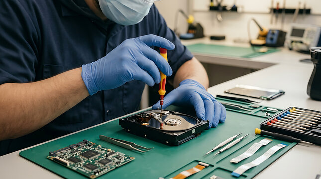 Computer technician repairing hard drive with tools in a workshop, close-up