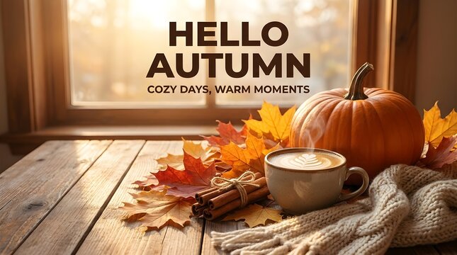 Hello Autumn Greeting Poster with Cozy Coffee Pumpkin and Fall Leaves