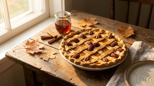 Homemade Pecan Pie on Rustic Wooden Table with Autumn Leaves