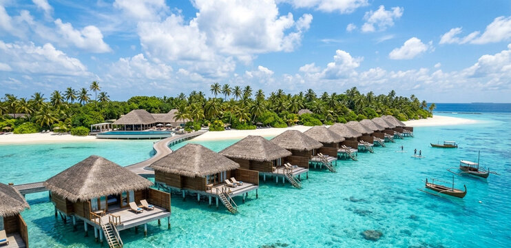 Overwater wooden bungalows with thatched roofs on turquoise lagoon and tropical island beach