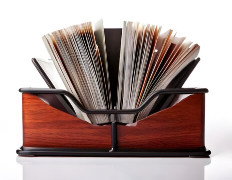Wooden desk organizer card file holder with documents isolated on white background