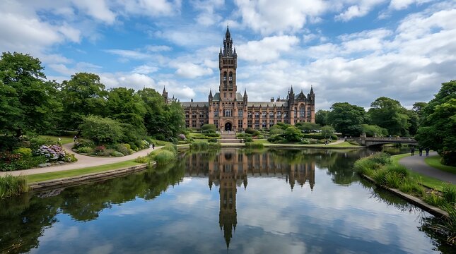 The university of glasgow main building and its reflection in the river kelvin at kelvingrove park on a sunny day in glasgow, scotland