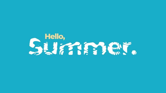 Stylized white text announcing "Hello, Summer" in a playful, watery font against a vibrant, solid aqua blue background, conveying a bright and cheerful mood