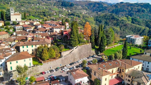 Aerial view of Barga, Garfagnana, showcasing the picturesque Italian village on a sunny day