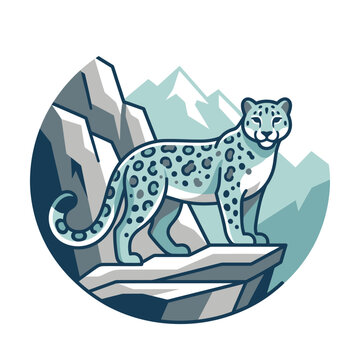 Circular snow leopard emblem with mountain backdrop.