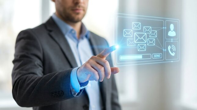 Businessman using futuristic holographic email interface to manage digital correspondence and communication in modern office environment