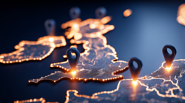 Location pins placed on a digital world map representing global tracking navigation and connected destinations
