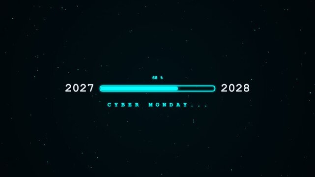 Cyber monday loading bar transition between the years 2027 and 2028 on black
