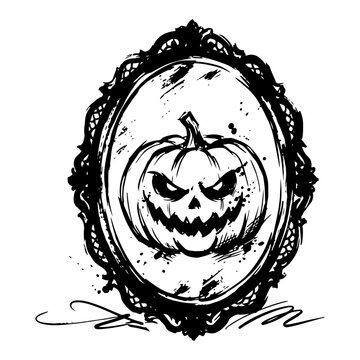 Evil jack-o-lantern pumpkin in ornate vintage mirror frame in gothic ink sketch style