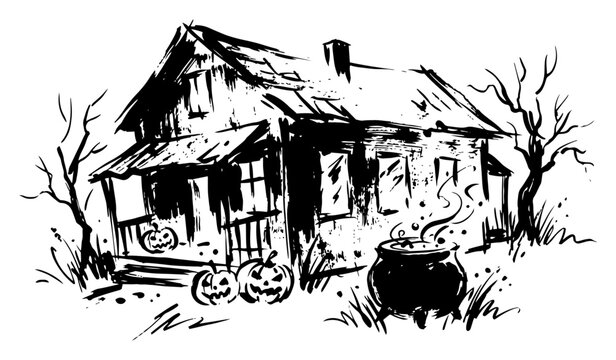 Spooky haunted house with pumpkins and boiling cauldron in hand drawn ink sketch style