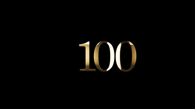 Number 100 in gold style with gold particles and transparent background, one hundred