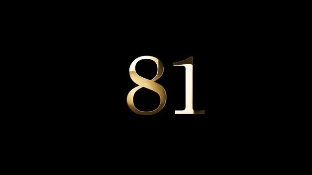 Number 81 in gold style with gold particles and transparent background, eighty one