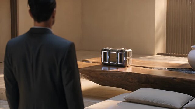 Over-the-shoulder shot of a businessman observing a futuristic device on a minimalist wooden table in a modern room.
