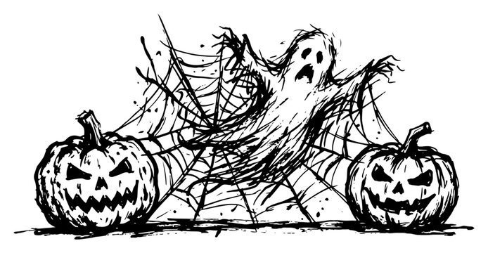 Flying ghost with spooky pumpkins and spiderwebs in hand drawn sketch style