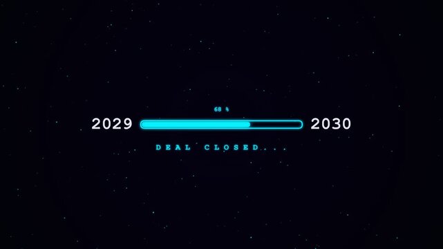 Progress bar loading from year 2029 to 2030 with a glowing blue deal closed text