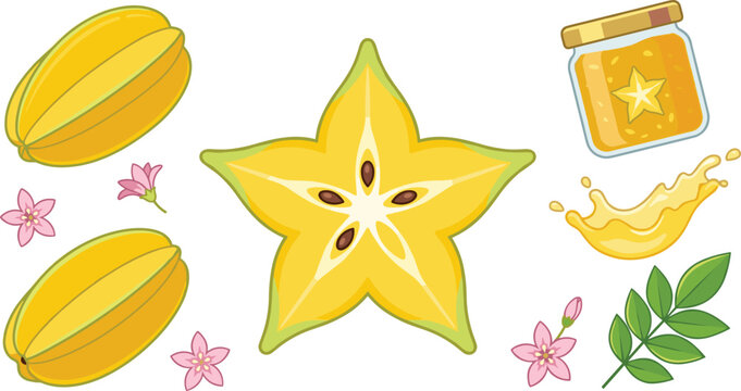Tropical carambola star fruit vector illustration set featuring whole ripe yellow fruits cross section slice glass jar of sweet jam juice splash and pink blossoms isolated on white background
