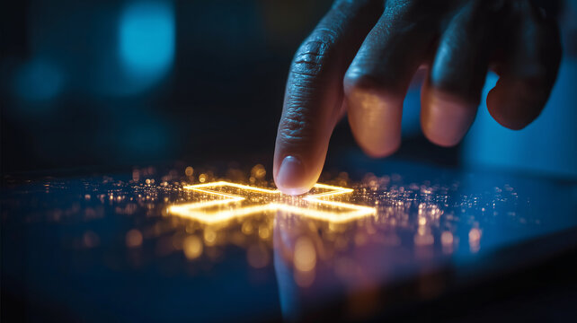 Finger pressing a medical cross interface representing instant access to digital healthcare services
