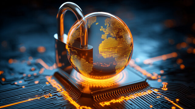 Globe secured by a padlock on a microchip representing global cybersecurity and protected digital networks
