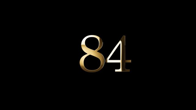 Number 84 in gold style with gold particles and transparent background, eighty four