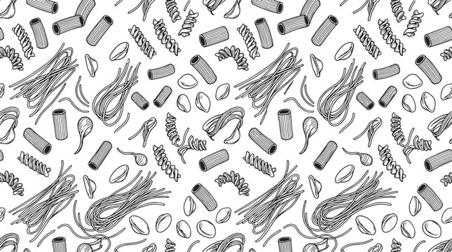 Hand drawn pasta pattern with various noodle shapes and wheat flour products in black and white sketch