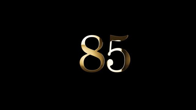 Number 85 in gold style with gold particles and transparent background, eighty five