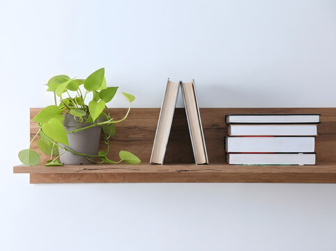 Wooden Floating Bookshelf with Potted Green Plant and Stacked Books | Modern Wooden Wall Shelf with Books and Houseplant Decor | Minimalist Wooden Bookshelf with Green Pothos Plant and Books | Wooden 